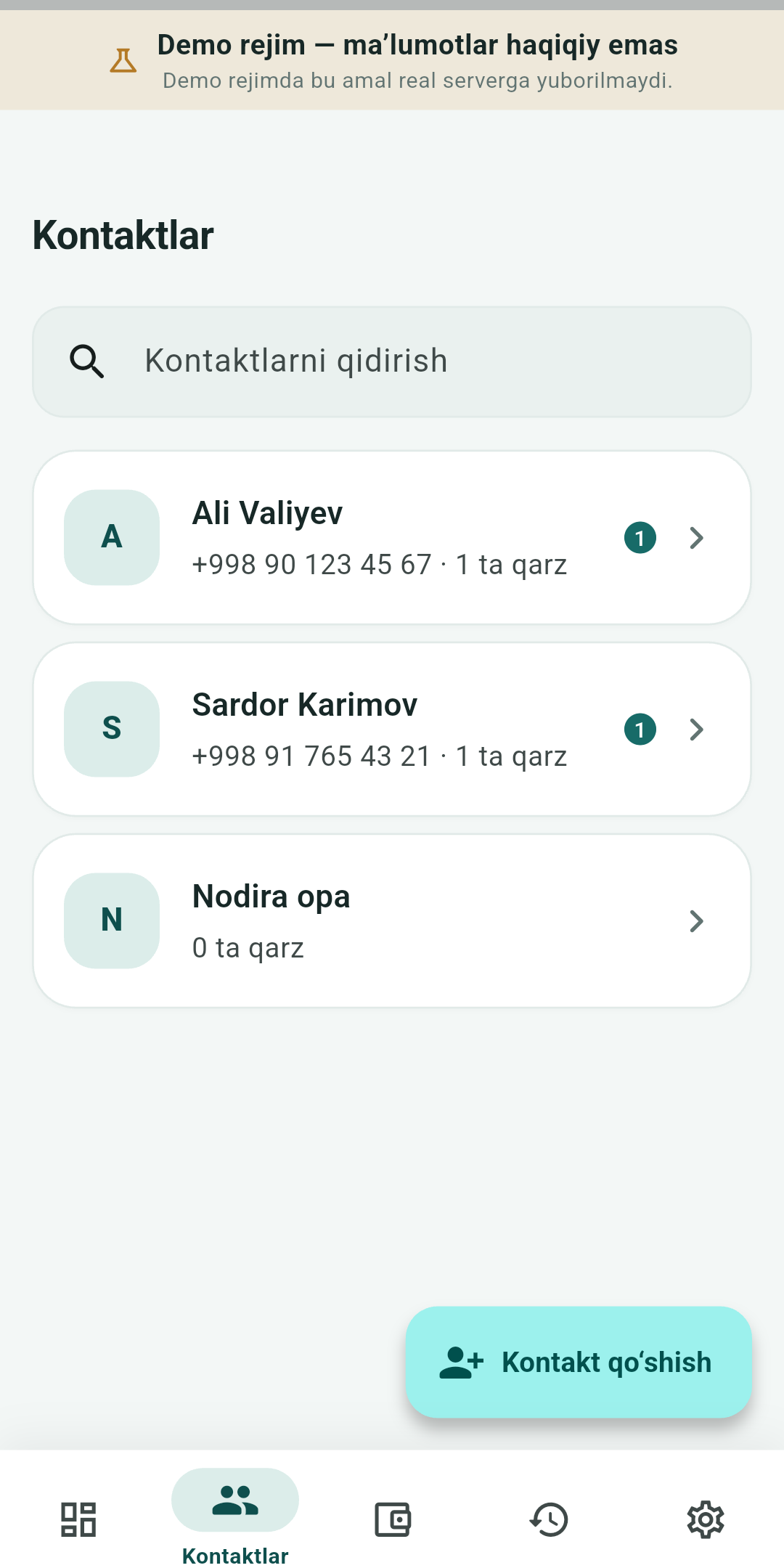 Qarz Daftari kontaktlar ekrani