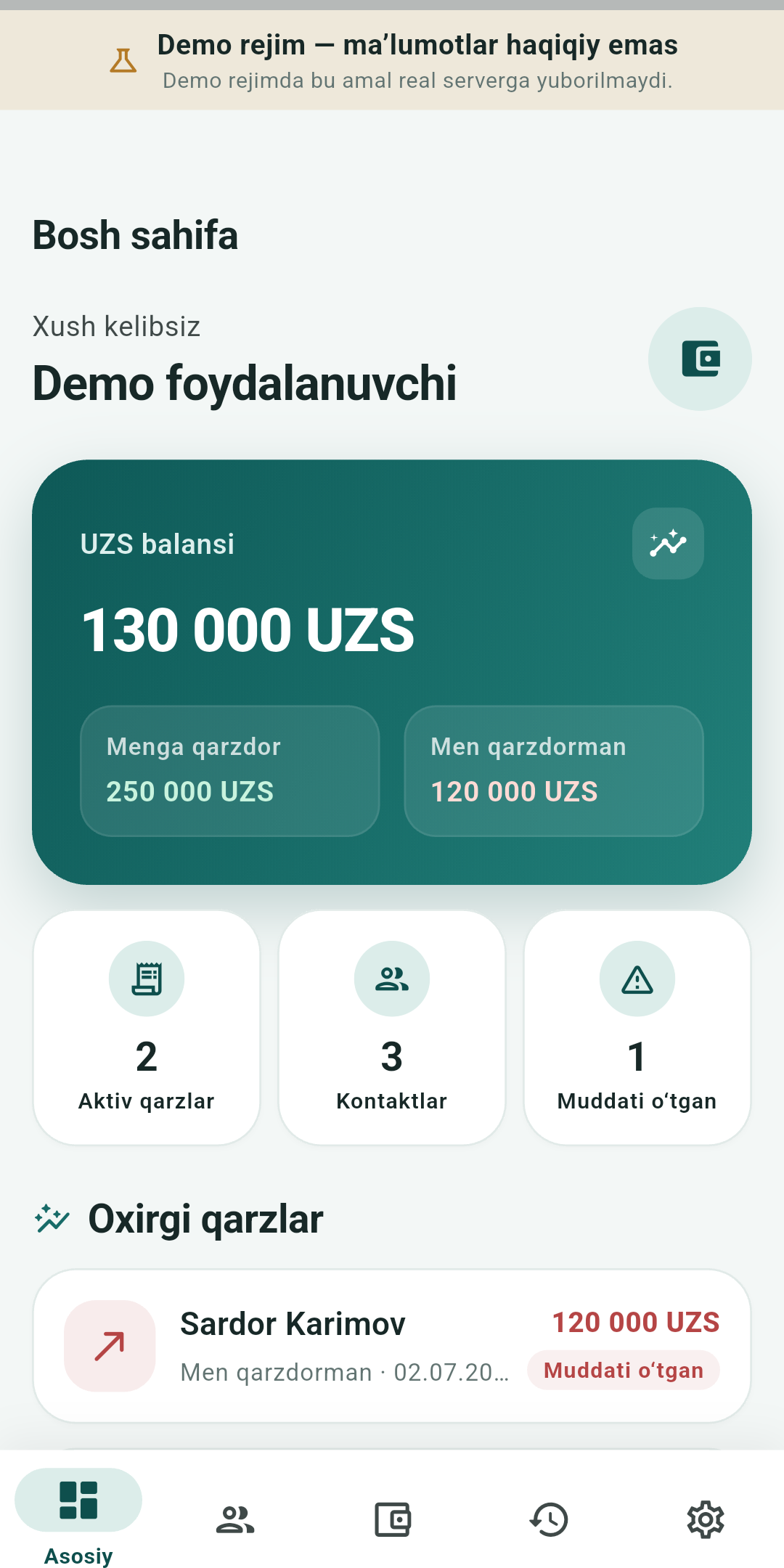 Qarz Daftari mobil ilovasining demo dashboard ekrani